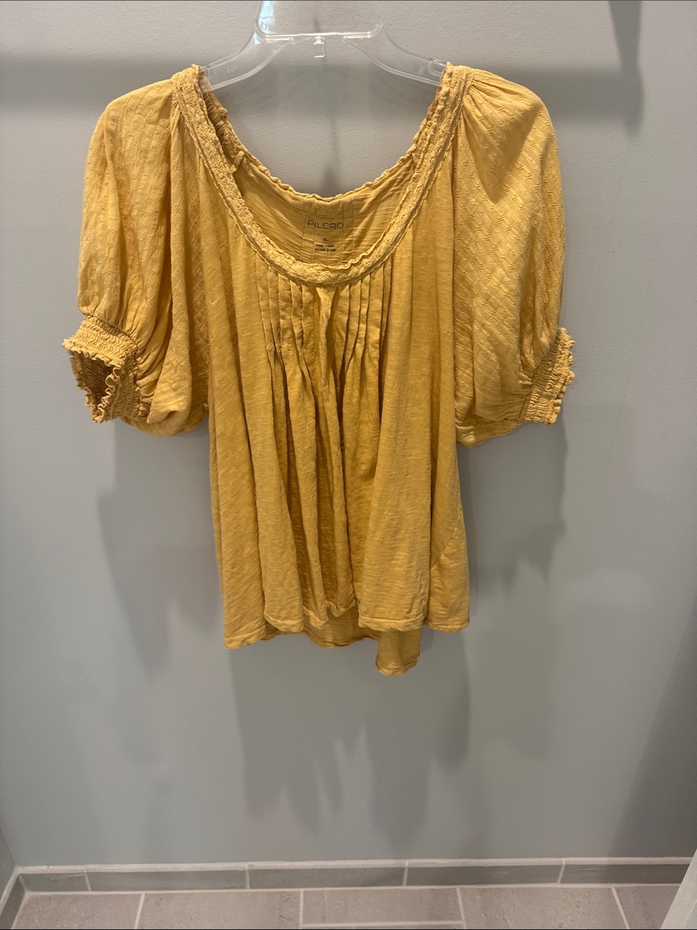 Pilcro Yellow Pintuck Smocked Puff-Sleeve Top